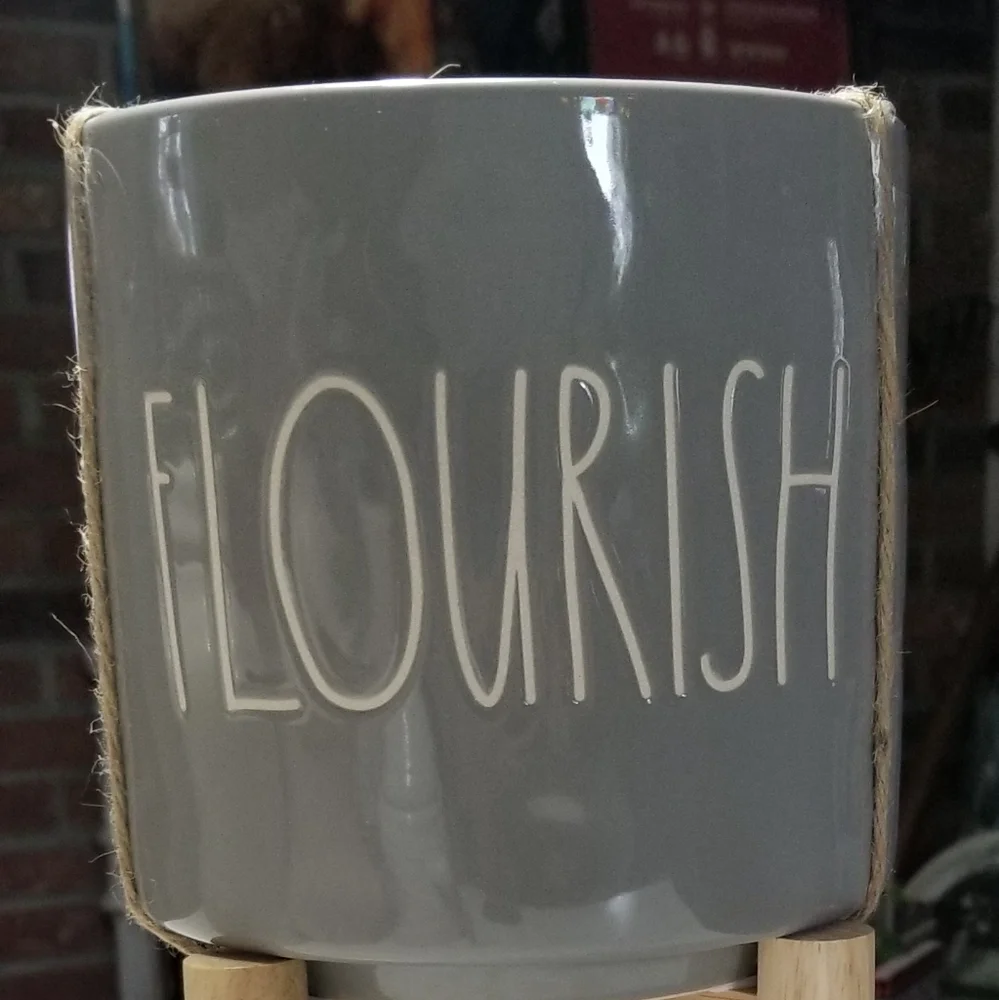 Rae Dunn ceramic Gray FLOURISH 5 1/2" planter with wood stand flower plant - Picture 3 of 5